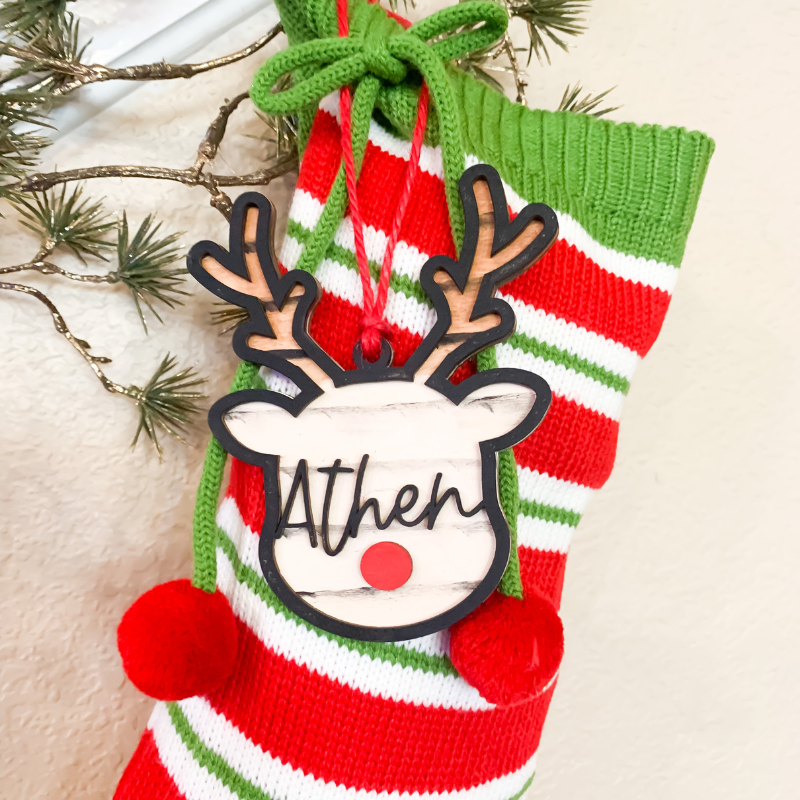 Personalized Shiplap Style Reindeer Wooden Christmas Stocking Name Tag