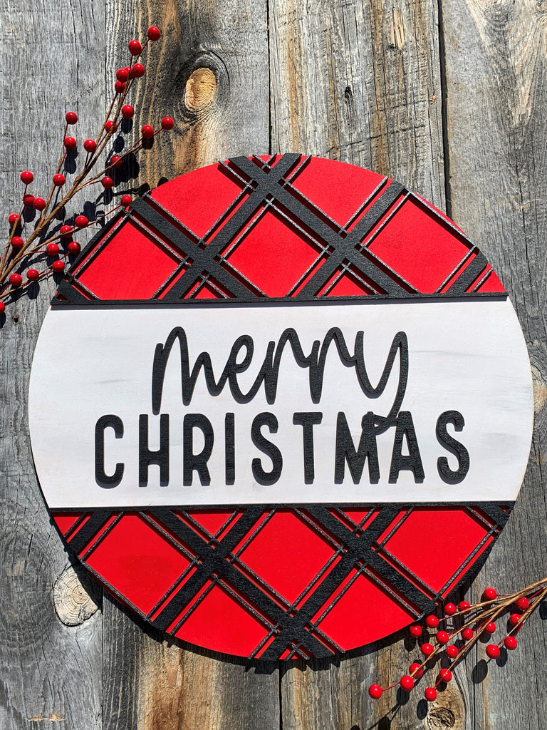 Black and Red Plaid  - Merry Christmas - Door Hanger